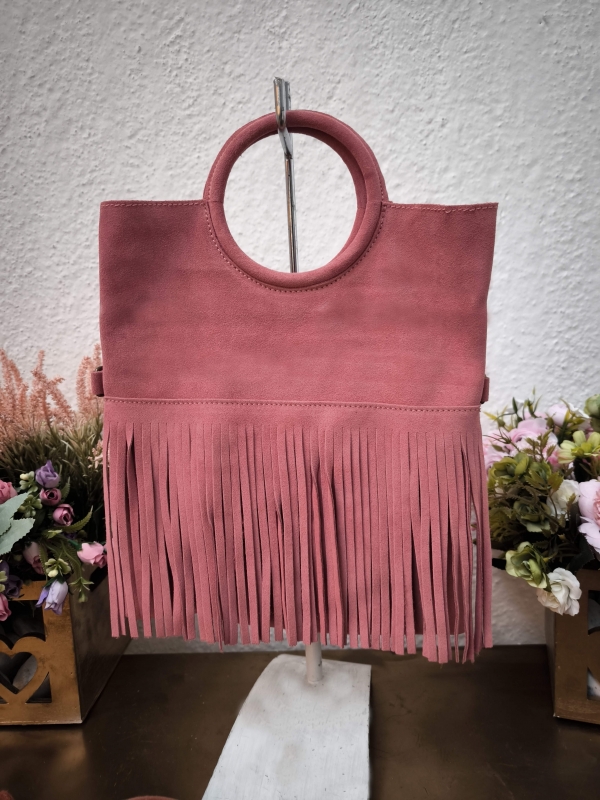 Borsa a mano e tracolla in camoscio con frange